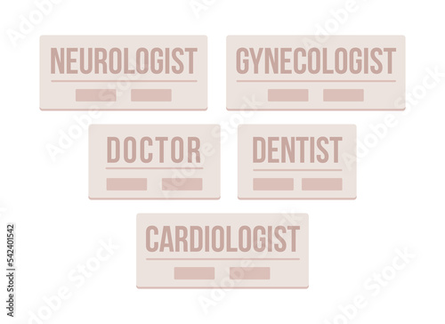 Name board semi flat color vector object set. Full sized items on white. Personalized name plate simple cartoon style illustration collection for web graphic design and animation. Bebas Neue font used