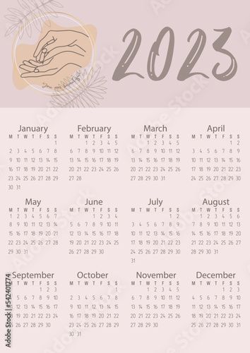 Vector. Calendar 2023. Pastel colors, flowers, people's hands. You are beautiful.