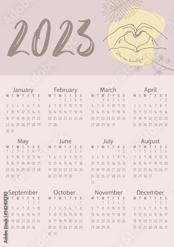 Vector. Calendar 2023. Pastel colors, flowers, people's hands. You are beautiful.