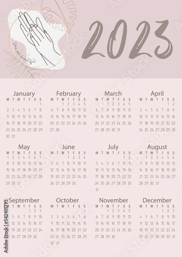 Vector. Calendar 2023. Pastel colors, flowers, people's hands. You are beautiful.