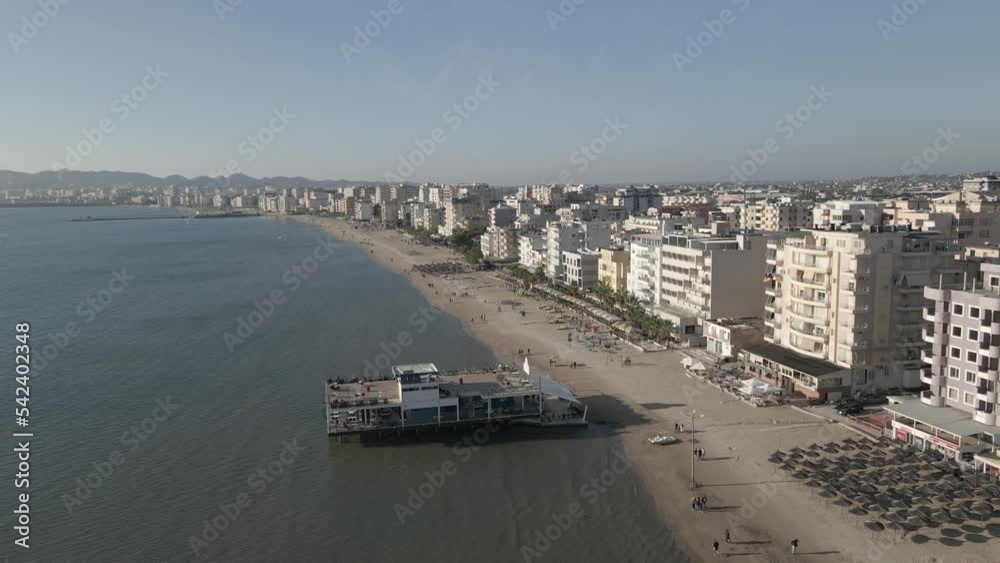 Beach restaurant on pilings over water in Albanian city of Durres Beach restaurant on pilings over water in Albanian city of Durres