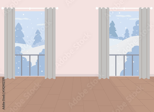 Living room with two windows flat color vector illustration. Luxury real estate. Apartment purchase. Fully editable 2D simple cartoon interior with wintertime forest view on background