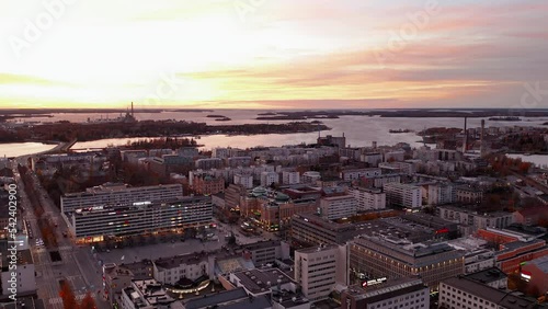 High Altitude Aerial over Nordic capital of energy, city of Vaasa, at golden hour photo