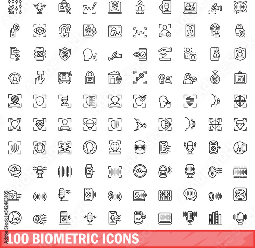 100 biometric icons set. Outline illustration of 100 biometric icons vector set isolated on white background
