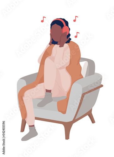 Lady listen to music semi flat color vector character. Editable figure. Full body person on white. Enjoyment and contentment simple cartoon style illustration for web graphic design and animation