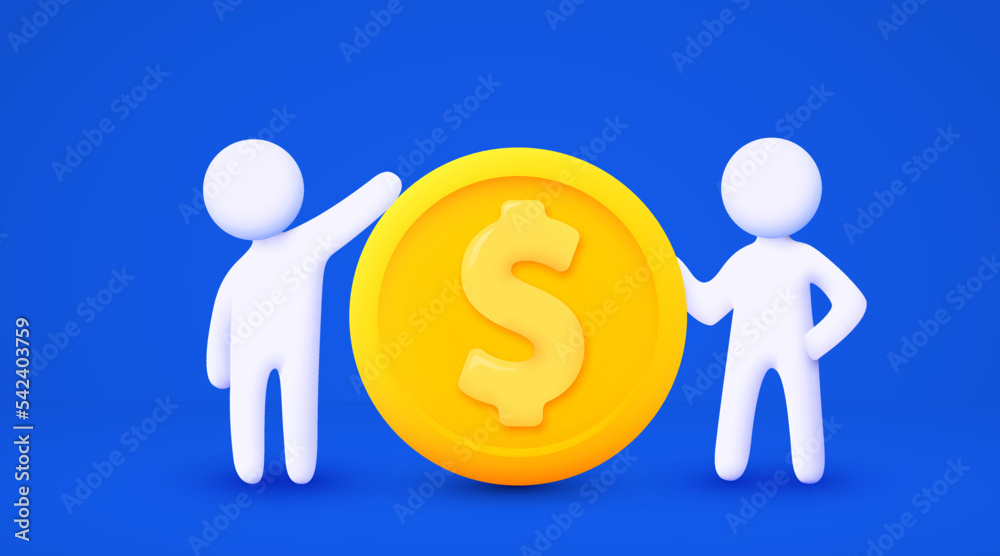 3d white cartoon man holding big golden coin. Finance concept. Isolated blue background. 3d white cartoon man holding big golden coin. Finance concept. Isolated blue background.