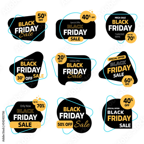 Flat black Friday sale badges collection. Promotion price label mega sale, shop now, special discount, big sale, limited time only, last chance. Vector Illustration