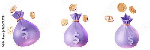Money bag icon set multiple views, Multiple angles of Money bag icon on white background, 3D illustration Money and Finance Icons, 3D icons set  photo