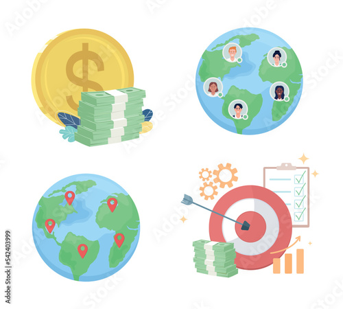All-remote company benefits semi flat color vector elements set. Salary and productivity. Editable full sized items on white. Simple cartoon style illustration for web graphic design and animation