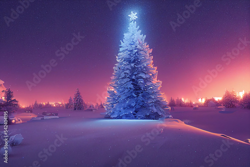 Winter christmas landscape. Magical fairy light. Christmas tree. Winter starry sky © Aquir