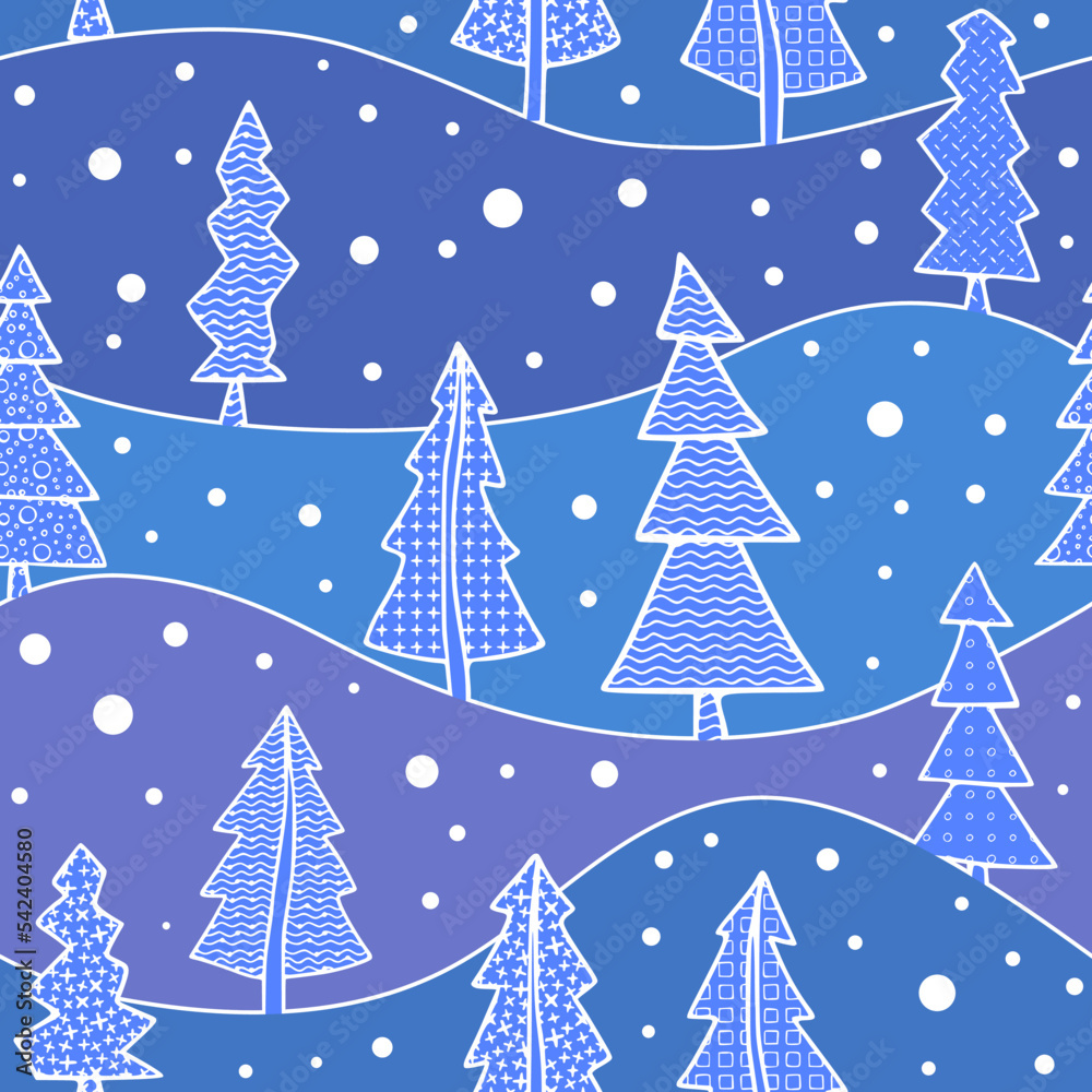 Seamless pattern, hills and trees, vector background on a winter theme