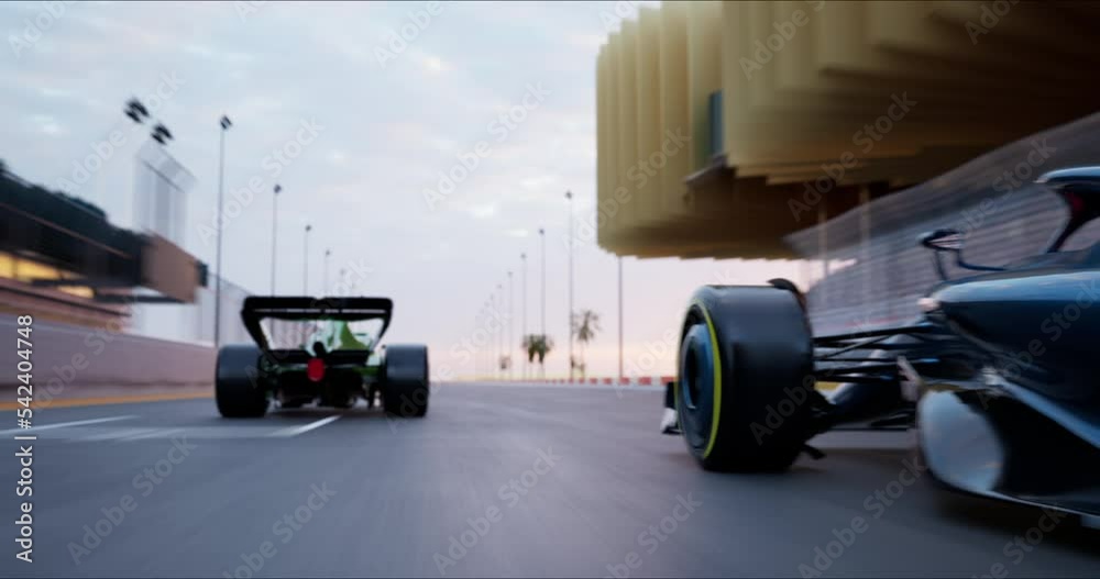 Three High-Speed Racing Cars Driving on Winding Race Track to the Finish Line. Racing go Karts Competition. Side View. Speed and Sport Concept. 3D Rendering