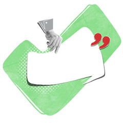 Contemporary surreal collage. Human hands holding or touching empty white speech bubble with copy space for ad, text over light background