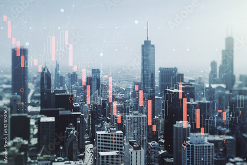 Double exposure of abstract virtual global crisis chart and world map hologram on Chicago city skyscrapers background. Financial crisis and recession concept