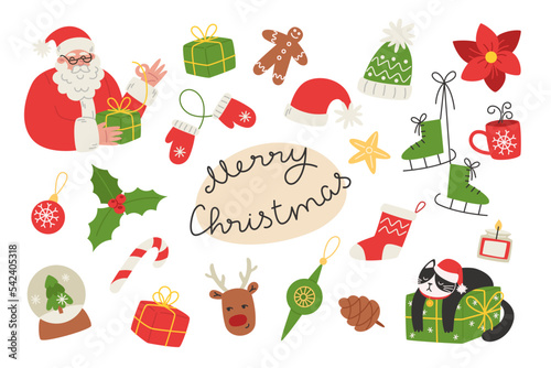 Christmas set of cute elements, vector illustration in flat style