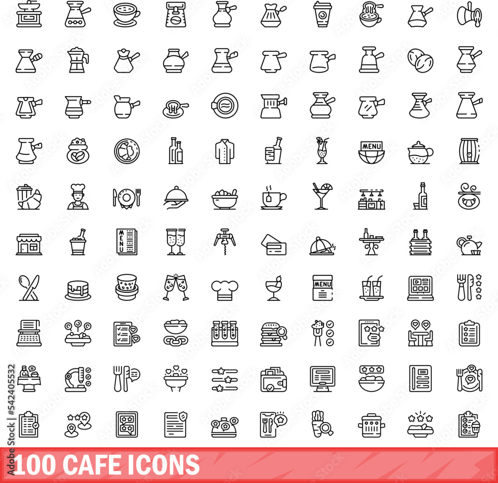 100 cafe icons set. Outline illustration of 100 cafe icons vector set isolated on white background