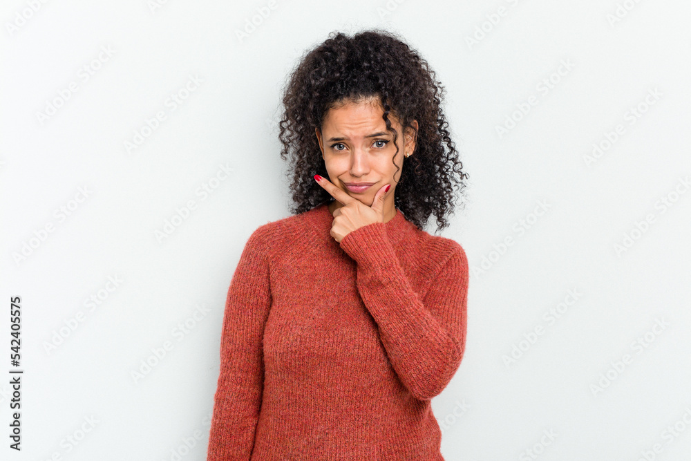 Young african american woman isolated contemplating, planning a strategy, thinking about the way of a business. Young african american woman isolated contemplating, planning a strategy, thinking about the way of a business.