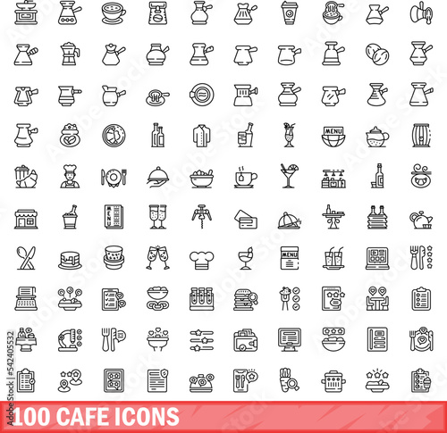 100 cafe icons set. Outline illustration of 100 cafe icons vector set isolated on white background