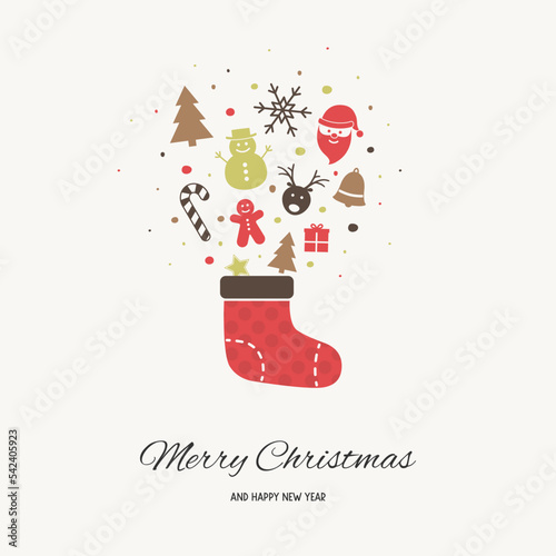Christmas greeting card with a sock full of gifts. Xmas ornament. Vector