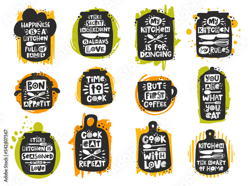 Colored kitchen hand written lettering set. Grunge poster, banner with stylized phrase and ink drops collection. Typography print isolated design element
