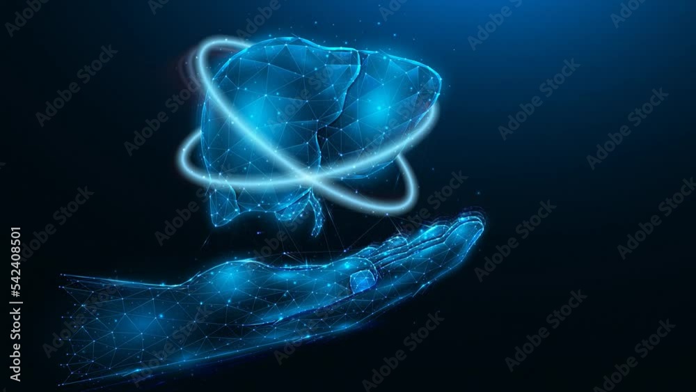 Polygonal hand and liver futuristic motion graphics. Organ donation concept. Medical animation loop video. Polygonal hand and liver futuristic motion graphics. Organ donation concept. Medical animation loop video.