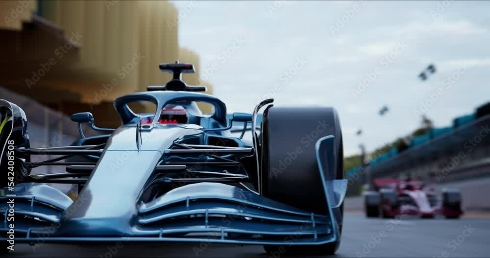 Blue Race Car Driving on Winding Race Track to the Finish Line. Dynamic Front View Camera. Racing go Karts Competition. Slow Motion.3D Rendering