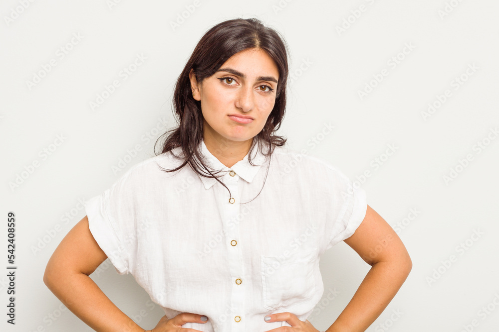 Young Indian woman isolated on white background sad, serious face, feeling miserable and displeased. Young Indian woman isolated on white background sad, serious face, feeling miserable and displeased.