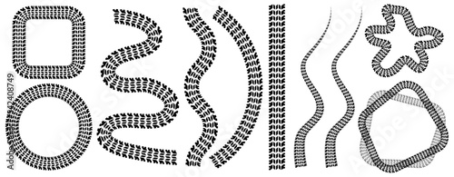 Tire track. Template of seamless brush, set of design elements, frames. Vector illustration