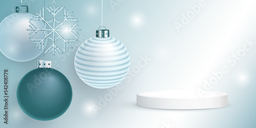 3d vector Christmas composition with podium, balls, snowflakes and gradients. Modern background in light blue and white colors is perfect for product advertising, winter sales, flyers and posters