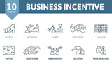 Business Incentive icon set. Monochrome simple Business Incentive icon collection. Growth, Motivation, Career, Mind Power, Planning, Tactics, Brain Storm, Communication, Solution, Problem Solving icon