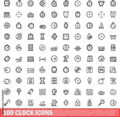 100 clock icons set. Outline illustration of 100 clock icons vector set isolated on white background