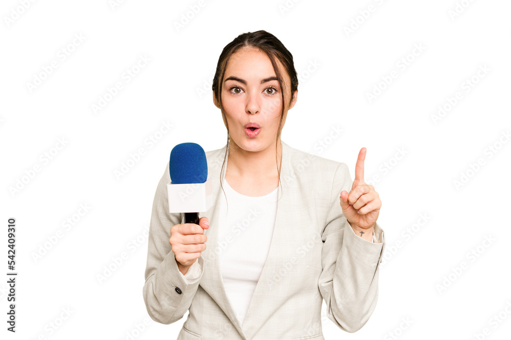 Young TV presenter caucasian woman isolated on green chroma background having some great idea, concept of creativity. Young TV presenter caucasian woman isolated on green chroma background having some great idea, concept of creativity.