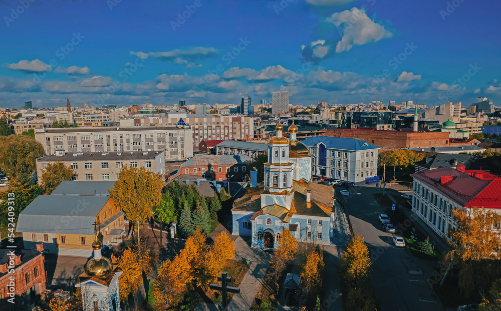 Fototapeta premium Church of the Tikhvin Icon of the Mother of God in the center of Kazan Top view, panorama cityscape