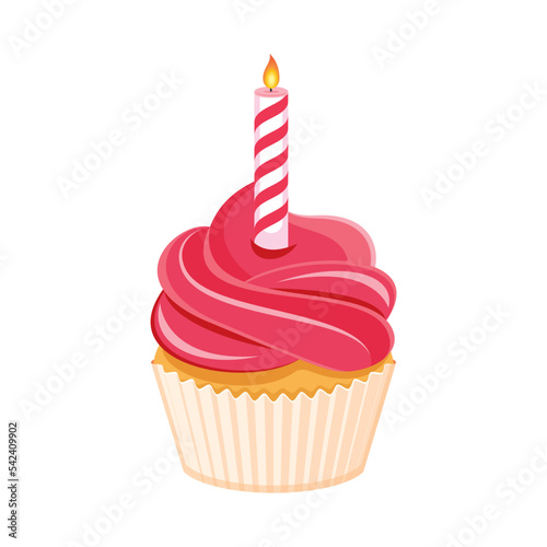 Pink birthday cupcake with candle icon vector. Delicious pink cupcake icon vector isolated on a white background. Birthday cupcake with burning candle drawing