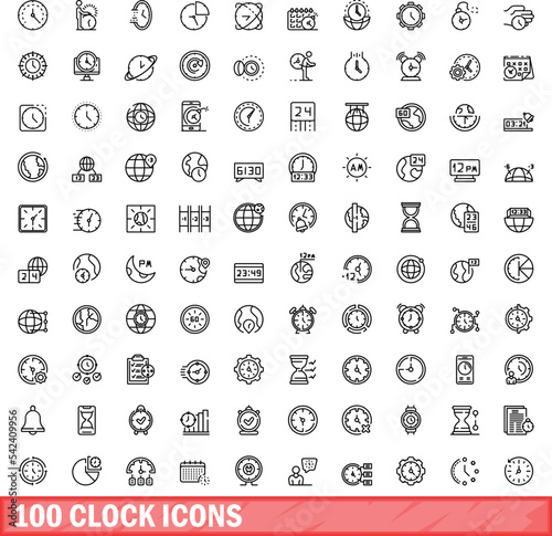 100 clock icons set. Outline illustration of 100 clock icons vector set isolated on white background