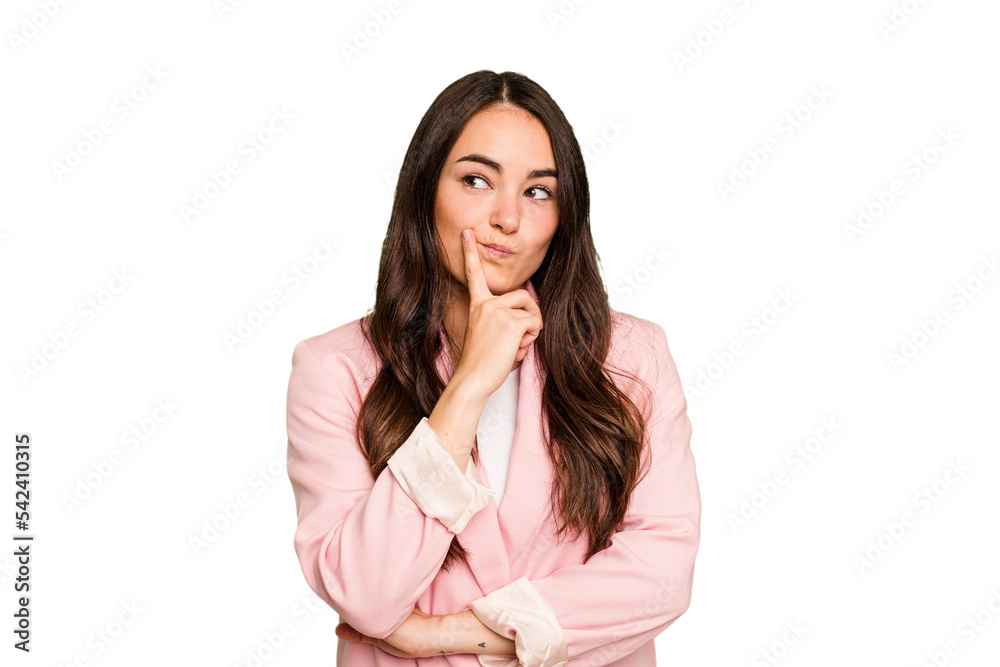 Young caucasian woman isolated on green chroma background looking sideways with doubtful and skeptical expression. Young caucasian woman isolated on green chroma background looking sideways with doubtful and skeptical expression.