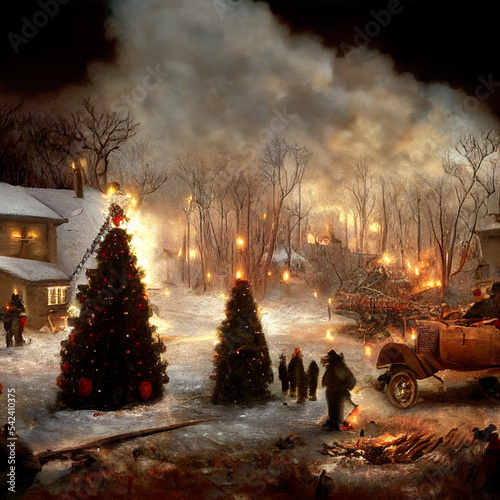 Christmas at war. armed fighters near a Christmas tree. © Ivan