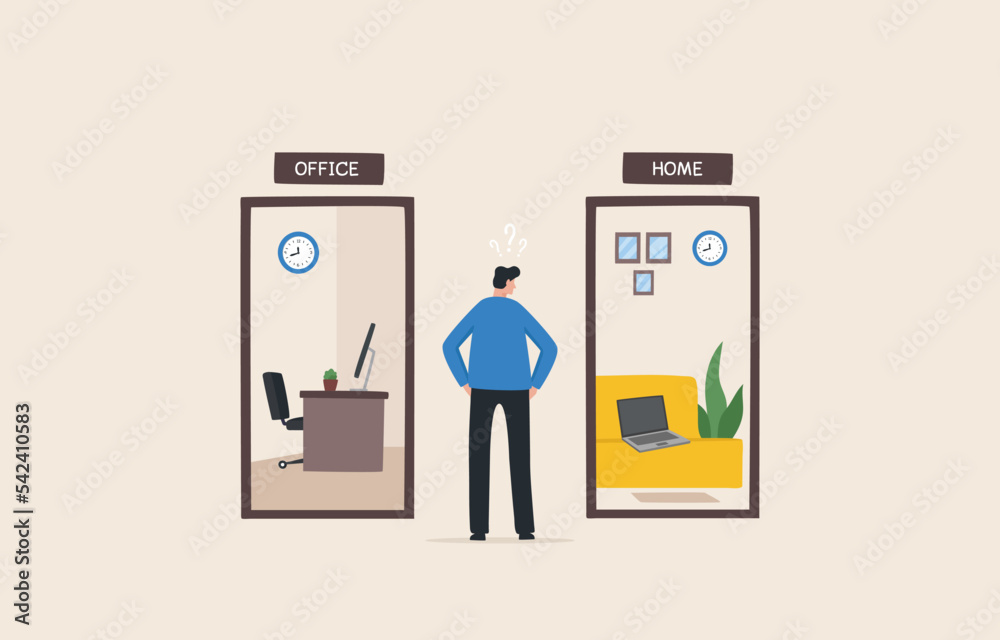 differences between working from home vs office. work four days a week. Employees are choosing to work at home or in the office. - obrazy, fototapety, plakaty 