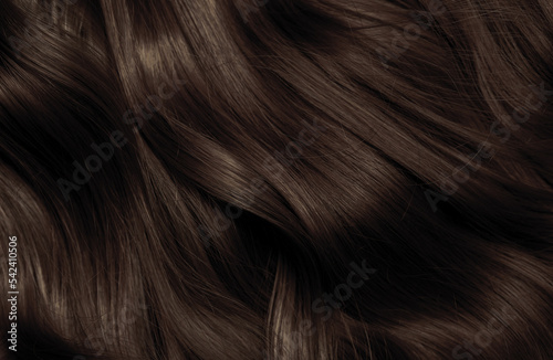 Brown hair close-up as a background. Women's long brown hair. Beautifully styled wavy shiny curls. Hair coloring. Hairdressing procedures, extension.