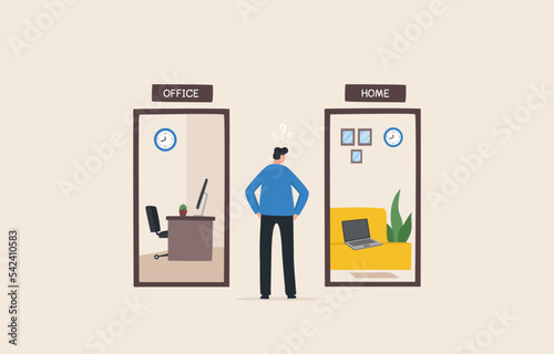differences between working from home vs office. work four days a week. Employees are choosing to work at home or in the office. photo