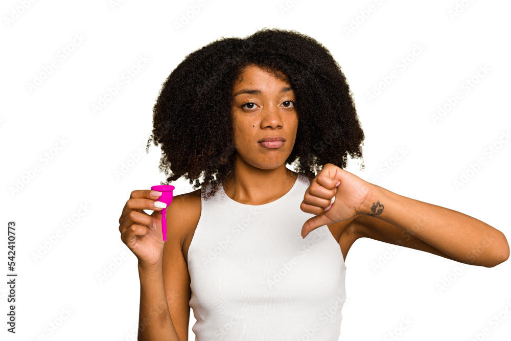 Young African American woman holding a menstrual cup isolated showing a dislike gesture, thumbs down. Disagreement concept.