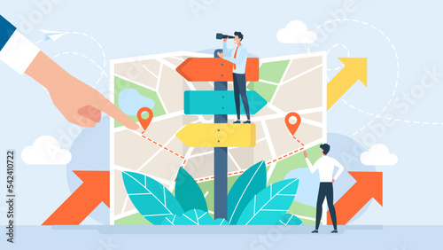 Direction sign post with arrow set on the background of the map. Choice signpost to choose road or street, blank signboard. Tiny people are looking for a way. Sign board. Flat vector illustration
