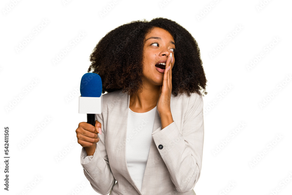Young TV presenter African American woman with a microphone isolated is saying a secret hot braking news and looking aside Young TV presenter African American woman with a microphone isolated is saying a secret hot braking news and looking aside