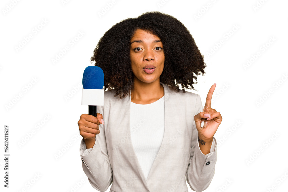 Young TV presenter African American woman with a microphone isolated having some great idea, concept of creativity. Young TV presenter African American woman with a microphone isolated having some great idea, concept of creativity.