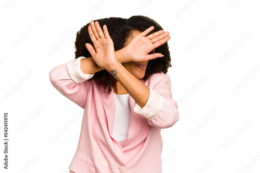 Young African American woman isolated keeping two arms crossed, denial concept. Young African American woman isolated keeping two arms crossed, denial concept.