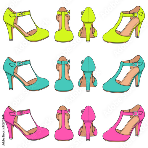 Set of color illustrations with bright female shoes with clasp on the heel. Isolated vector objects on white background.