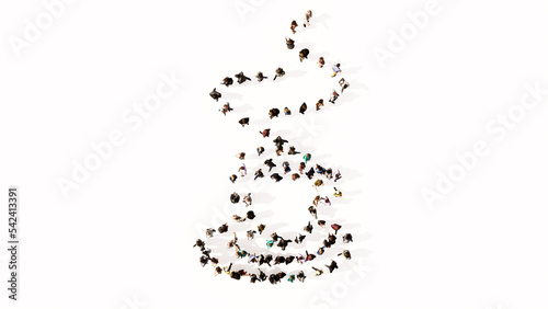 Concept conceptual large community of people forming the image of a hot cup of coffee, cappuccino or espresso on white background. A 3d illustration metaphor for morning, restaurant, break or energy