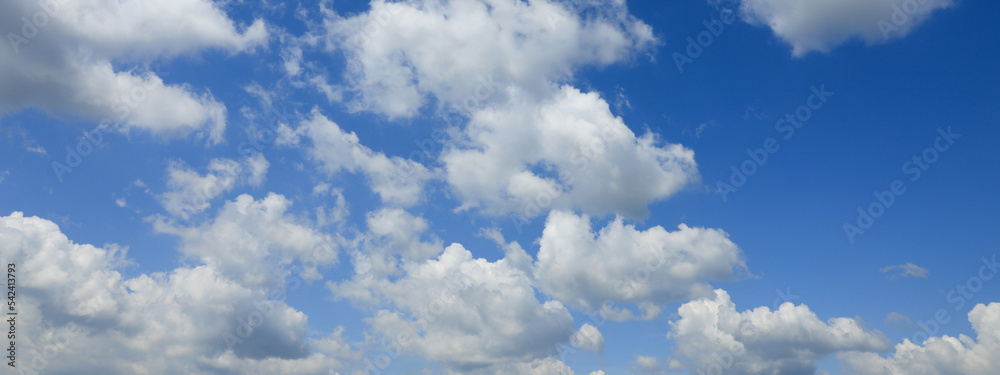Obraz premium Beautiful blue sky with white fluffy clouds. Banner design