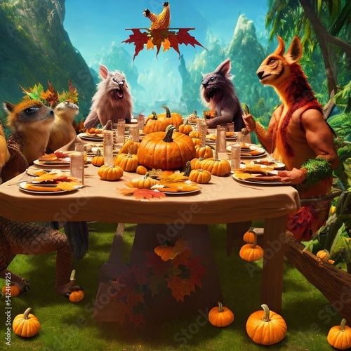 Fantasy Animals Celebrating Thanksgiving Together, Made by AI