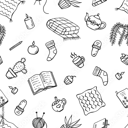 Seamless pattern with hygge elements. Hand drawn vector illustration. Cozy things.
